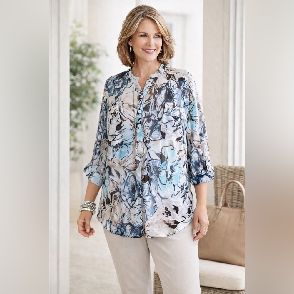 Chicos Womens Top Sz 3 16 18 Blue Gray Floral Stretch Mesh Popover Blouse Shirt